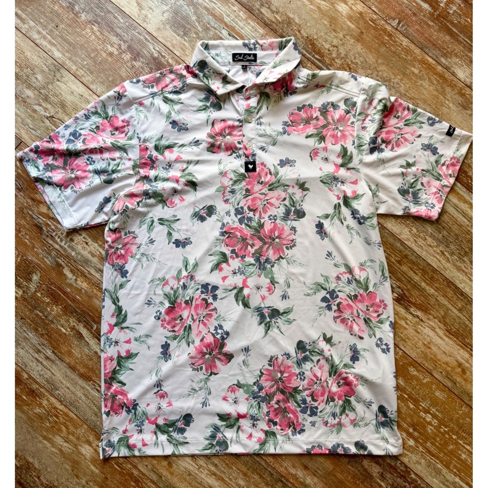 Bad Birdie Mens L Floral Golf Polo Pink White Performance Stretch Shirt